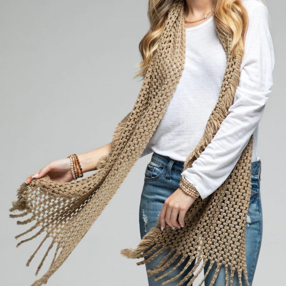 Taupe Net Scarf Fringe Tassel
